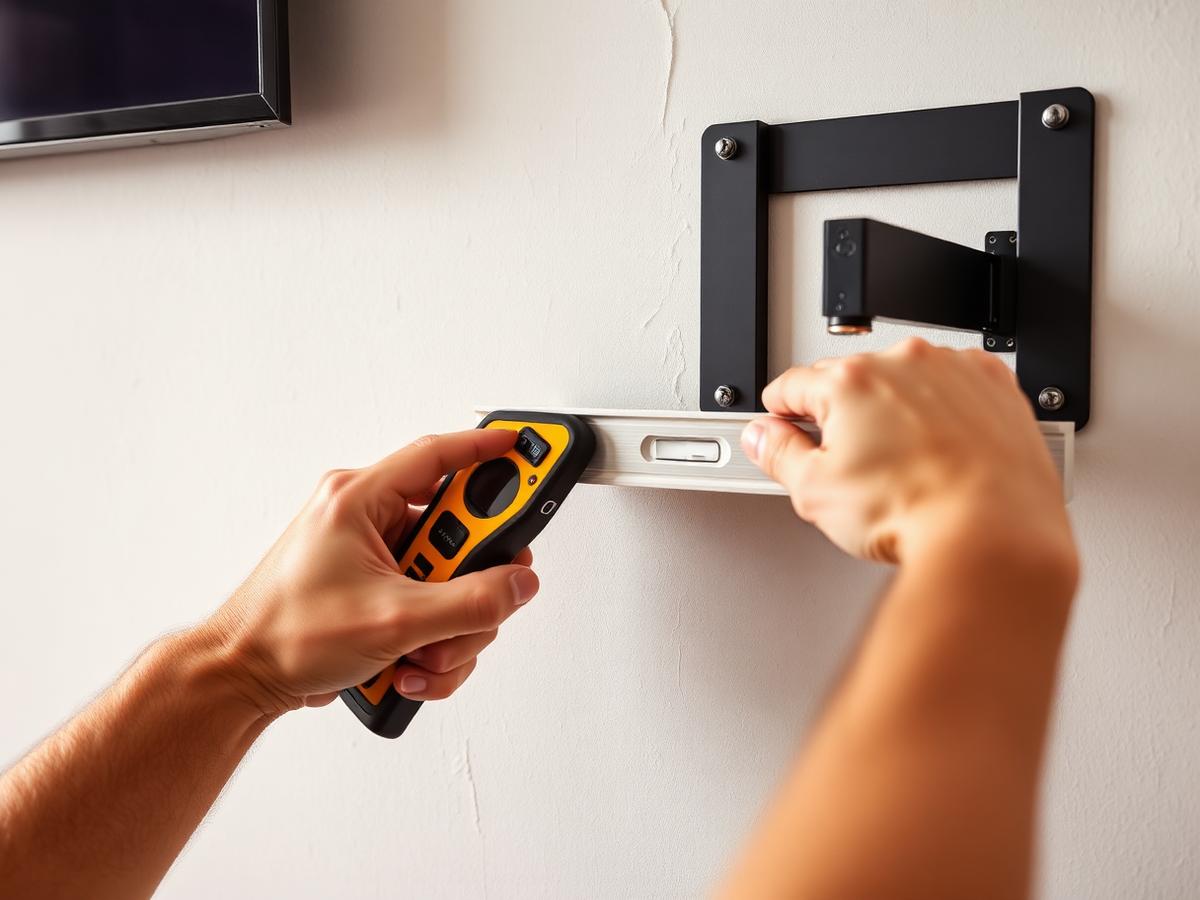 Technician using a stud finder and level while installing a TV mount bracket