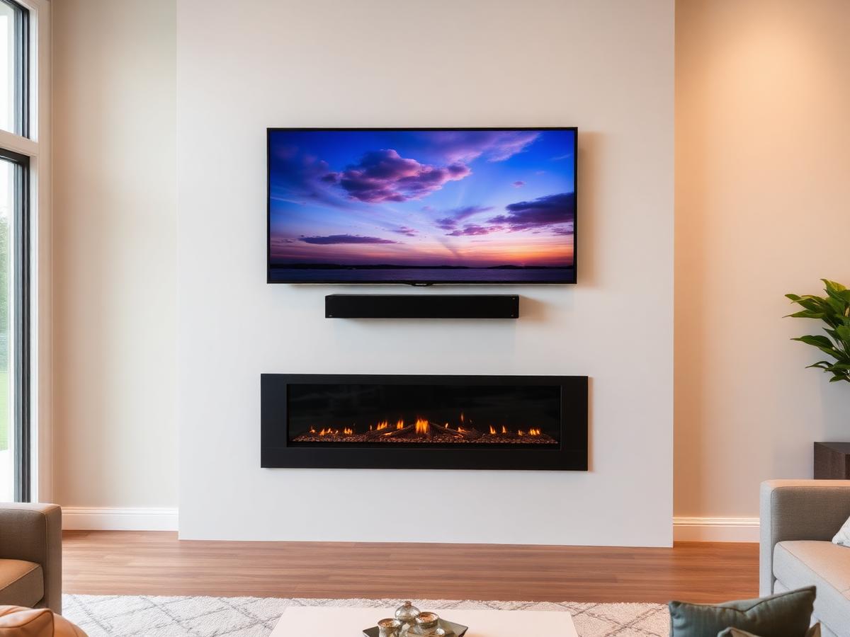 TV mounted above a modern fireplace with a soundbar and concealed cables